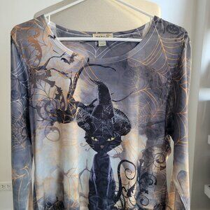 One World Top Witchy Gothic Cat High Low Hem Halloween Top (Size: XL)
